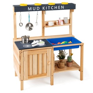 Costway Kids Kitchen Playset Wooden Outdoor Mud Kitchen Pretend Play Toy W/ Kitchenware - 1 of 4