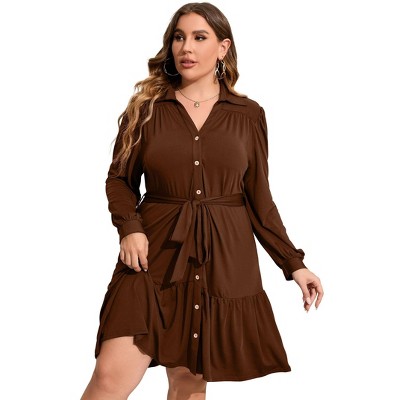 Clearlove Women's Plus Size Dresses Buttons Belted Long Sleeves Casual Midi Dress