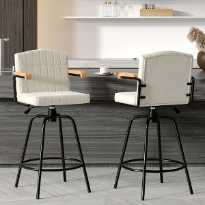 VECELO Bar Stools with Backs & Arms Set of 2, Counter Height Barstools Set with Tufted Upholstery & Footrest Ring, White/Brown - 1 of 4