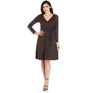 Womens Chic V-Neck Long Sleeve Knee Length A-Line Belted Wrap Dress - 24seven Comfort Apparel™ - 1 of 4