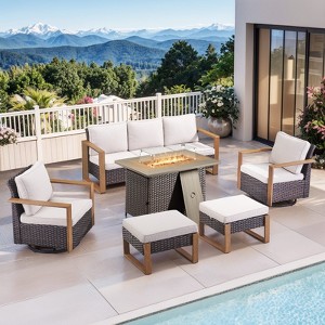 4 Pieces Patio Furniture Set with 41" Propane Fire Pit Table, Deep Seating Wicker Sofa Couch with Swivel Glider Chairs Set Patio Conversation Set - 1 of 4