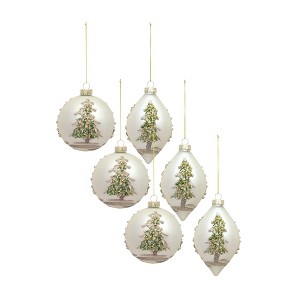 Painted Snowy Pine Tree Ball Ornament, Set of 6 – Green & Silver Glass Onion/Globe Christmas Accents by Melrose - 1 of 4