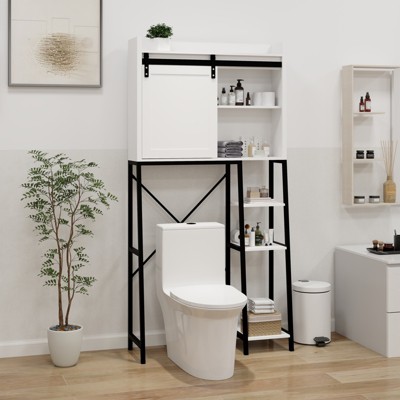 VYNXARIA Over The Toilet Storage Cabinet, Bathroom Shelves Over Toilet with Sliding Barn Door,Adjustable Shelves and Side Storage Rack-White