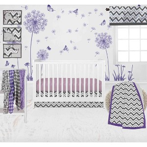 Bacati - Ikat Dots Leopard  Purple Grey Muslin Girls 10 pc Crib Set with wall hangings & Mobile - 1 of 4