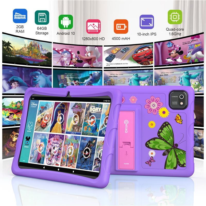 Contixo 10" Android Kids Tablet 64GB, (2023 Model) Includes 80+ Disney Storybooks & Stickers, Kid-Proof Case with Kickstand, 3 of 20