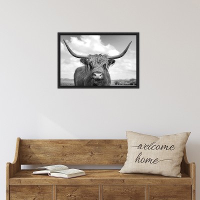 Highland Cow Black and White Framed Canvas Print 23 x 16 Inches
