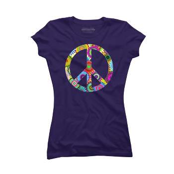 Junior's Design By Humans Cool Retro Flowers Peace Sign By ddtk T-Shirt