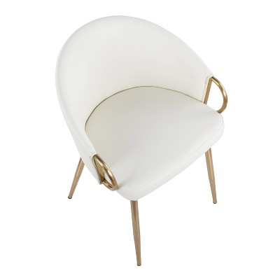 White Faux Leather and Gold Metal Low Upholstered Chair