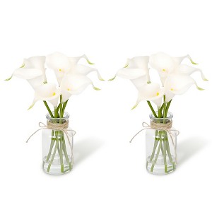Set of 2 Calla Lily Artificial Flowers in Glass Vase with Faux Water, 6 Pcs Real Touch Latex Fake Flowers for Dining, Wedding, Bouquet Party, White - 1 of 4