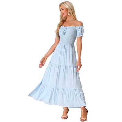 Allegra K Women's Round Neck Puff Sleeves Smocked Tiered Ruffle Maxi Dresses