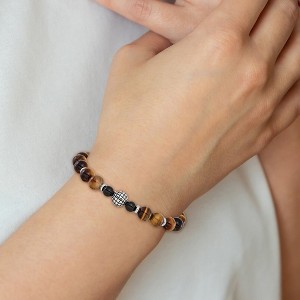Chisel Stainless Steel Antiqued and Polished 6-8mm Agate and Tiger's Eye Beaded 7" Stretch Bracelet - 1 of 4
