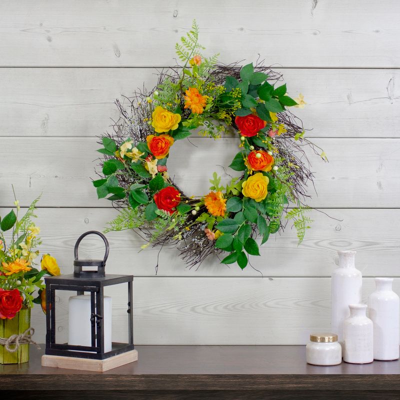 Northlight Ranunculus and Rose Floral Spring Wreath, Orange and Yellow 20", 2 of 5