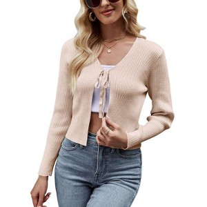 Coolmee Women's Tie Front Cardigan Long Sleeve Rib Knit Shrug for Dress Sweaters Crop Tops - 1 of 4