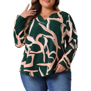 Agnes Orinda Women's Plus Size Printed V Neck Long Sleeve Business Casual Blouses - 1 of 4