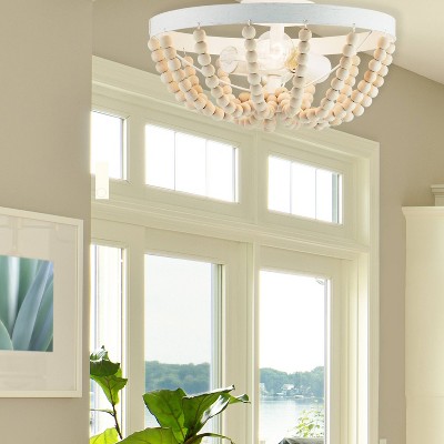 Bohemian 17" White Glass Bowl Semi-Flush Mount with Wooden Beads