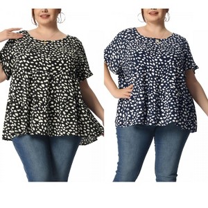 Women's Plus Size 2 Pieces Polka Dots Round Neck Flare Sleeve Casual Tiered Peplum Blouses -Agnes Orinda - 1 of 4