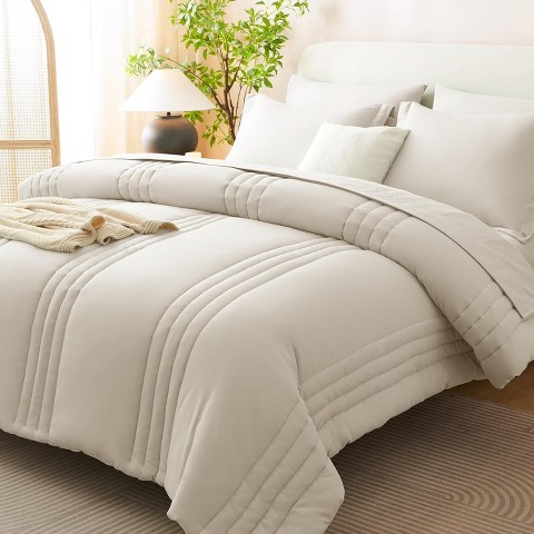 Der Rose BALHAM TRADE-Queen Size Comforter Sets 7 Piece Bed in a Bag Beige Luxury All Seasons Soft Bedding Beige-Queen 88"x88"