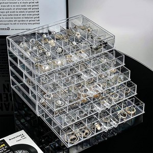Acrylic Jewelry Organizer with 5 Drawers and 120 Grids, Clear Earring Holder and Ring Display Case for Beads, Nail Tips - 1 of 4