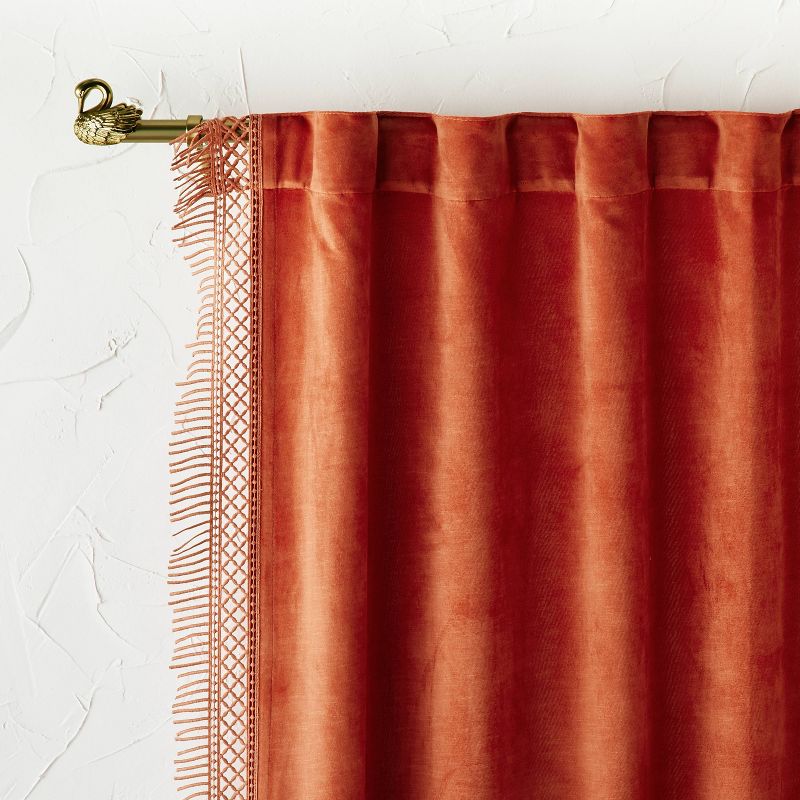 1pc Light Filtering Velvet Macrame Trim Window Curtain Panel Burnt Orange - Opalhouse™ designed with Jungalow™, 1 of 7
