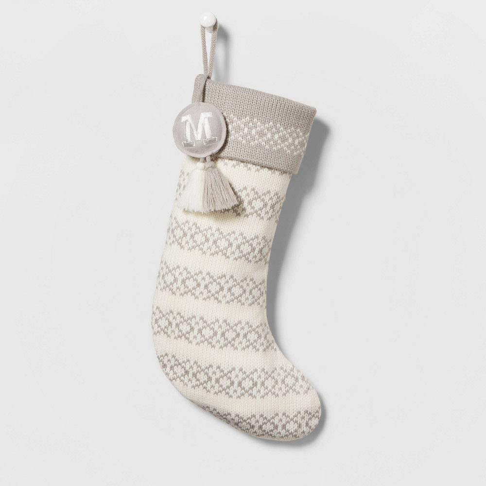 Knit Fair Isle Monogram Christmas Stocking Gray/White M - Wondershop