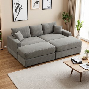 82" Corduroy Sectional Sofa Bed with Pillows & Ottomans - 1 of 4
