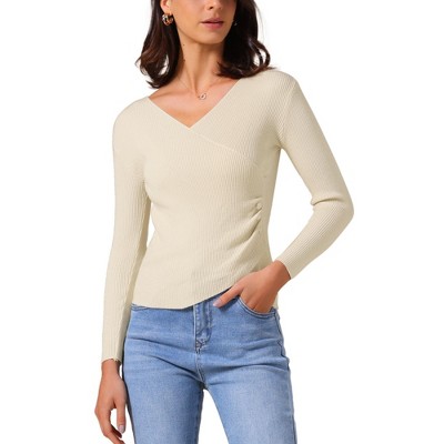 INSPIRE CHIC Women's V-Neck Knitted Ruched Button Decor Long Sleeve Slim Fit T-shirt