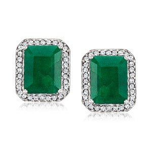 Ross-Simons 4.00 ct. t.w. Emerald and .33 ct. t.w. Diamond Earrings in Sterling Silver - 1 of 3