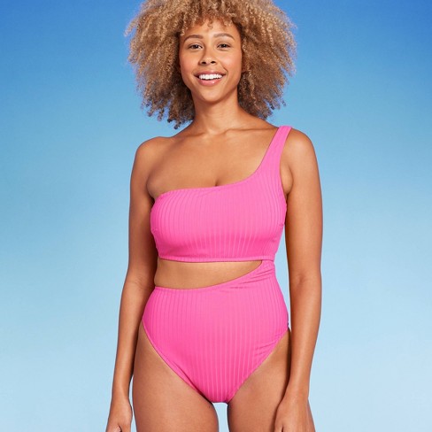 Women's Ribbed One Shoulder Cut Out One Piece Swimsuit - Shade & Shore™ Hot  Pink XL