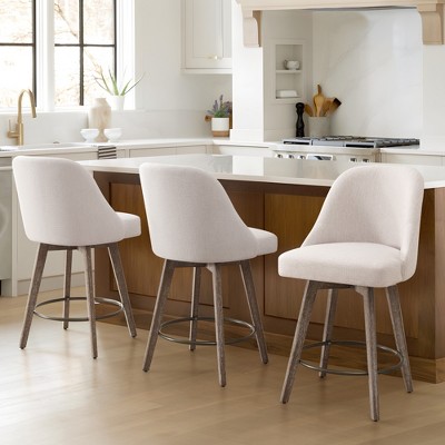 Bekrvio Counter Height Bar Stools, 26" Mid-Century Swivel Barstools with Backs - Linen Upholstered Wood Legs, Kitchen Island Counter Chairs