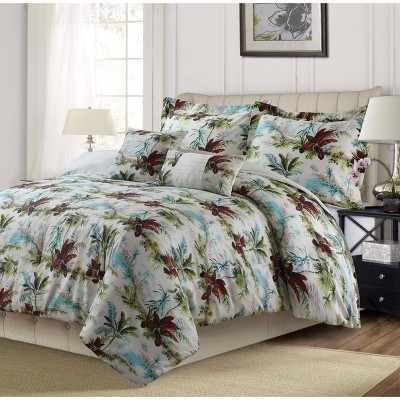 Queen White Cotton Sateen Tropical Comforter Set