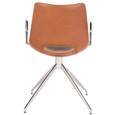 Dawn 32'' Mid-Century Modern Leather Swivel Arm Chair in Light Brown & Stainless Steel