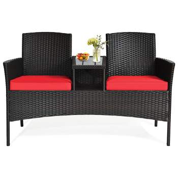 Tangkula Outdoor Patio Rattan Wicker Conversation Set Loveseat Sofa with Coffee Table