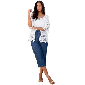 Roaman's Women's Plus Size Scallop Trim Crochet Cardigan - 1 of 4