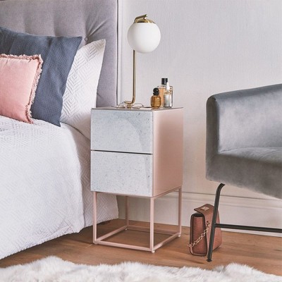 Nightstand With 2 Drawers, Stainless Steel Base Bed Side Table, Marble Pattern Bedroom End Table, Small Night Stands For Living Room Entryway