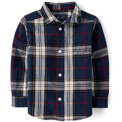 The Children's Place Toddler Boys Christmas Long Sleeve Plaid Poplin Button Up Shirt