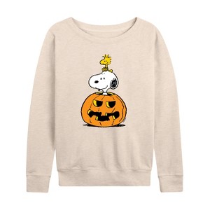 Women's - Peanuts - Snoopy Woodstock Pumpkin Lightweight French Terry Wide Neck Long Sleeve Shirt - 1 of 4