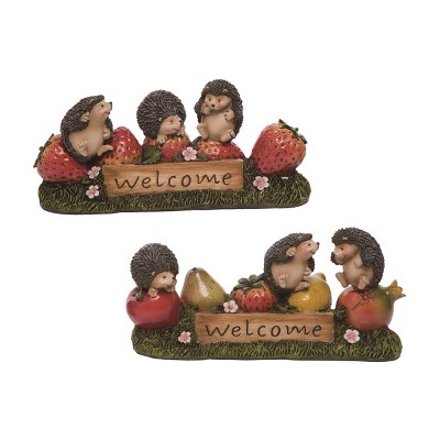 Transpac Resin Hedgehog w/Fruit Welcome Sign Set of 2 Spring Home Decorations