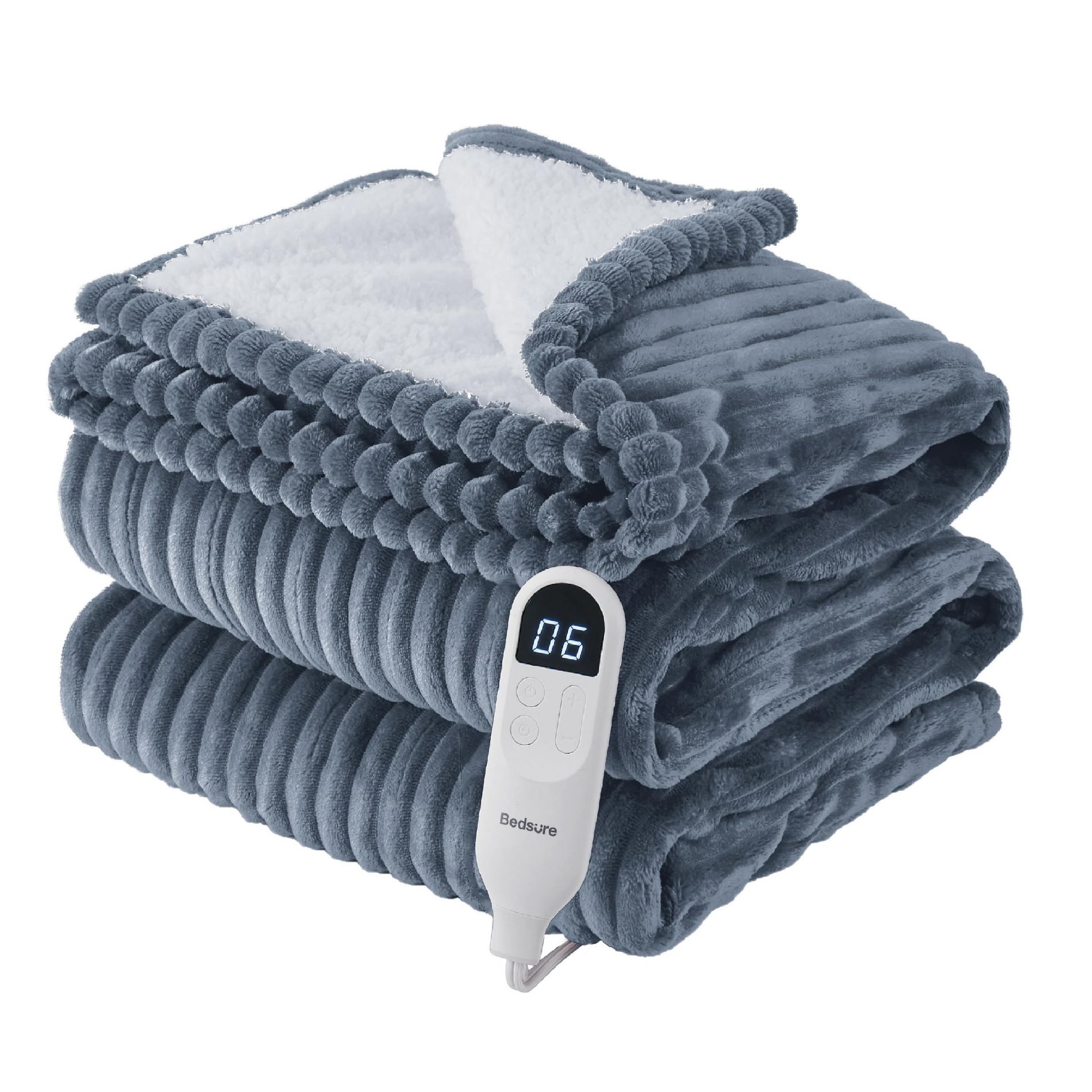 Electric Heated Blanket Soft & Washable Ribbed Flannel Full Size Grey - Bedsure