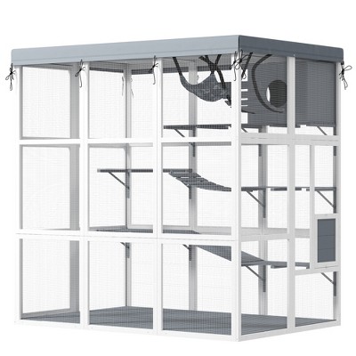 Large Gray Wooden Outdoor Cat Enclosure with Hammock and Platforms