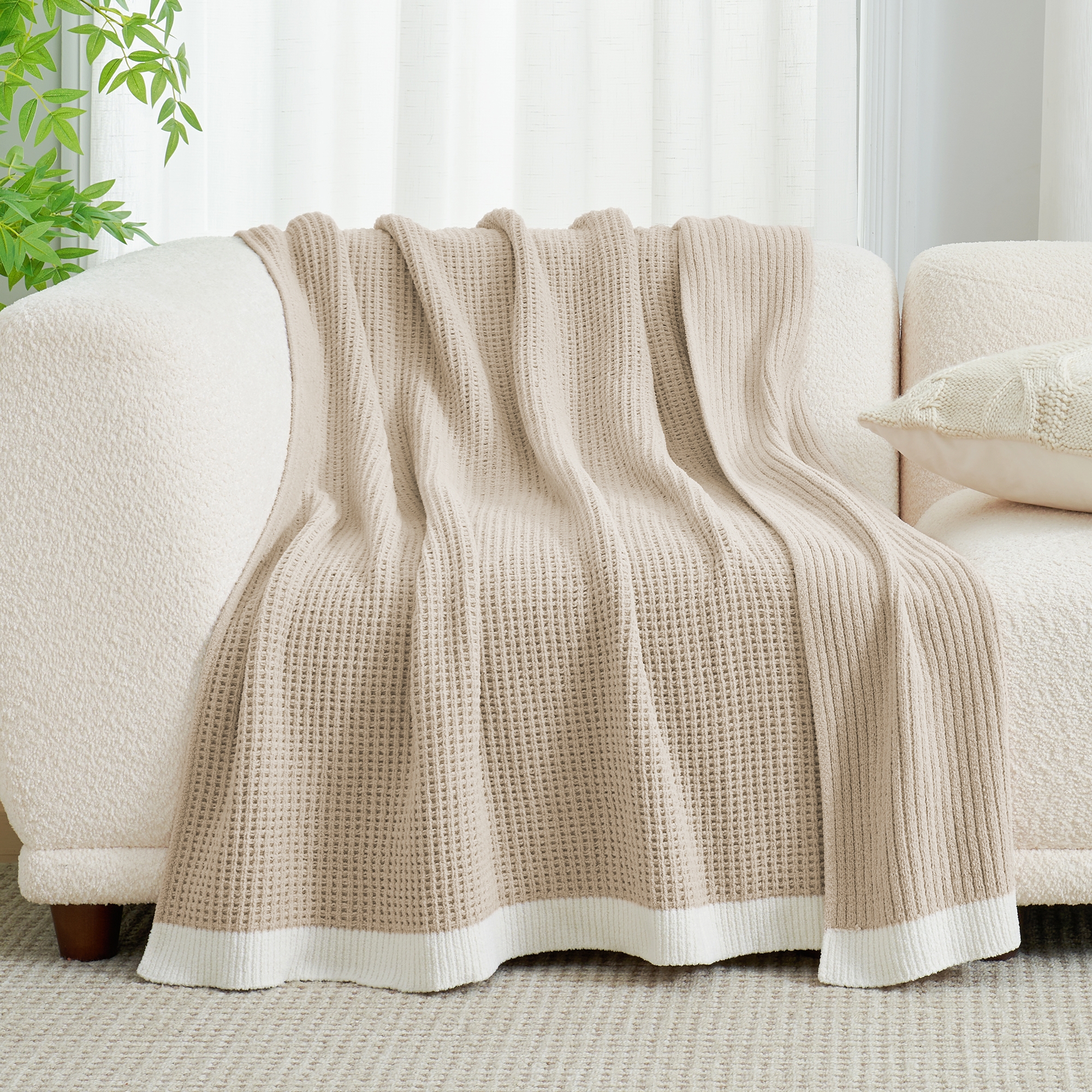 Reversible Chenille Waffle Knit Throw Blanket Soft, Lightweight & Cozy, Beige - Amelie Home