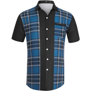 Lars Amadeus Men's Summer Plaid Patchwork Short Sleeves Button Color Block Shirt - 1 of 4