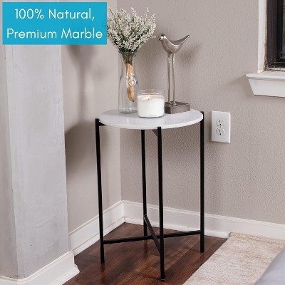 Round Marble Top Folding Side Table with Black Metal Legs
