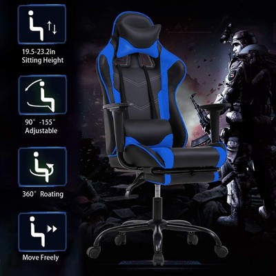 Ergonomic Black and Blue Faux Leather Gaming Chair with Footrest