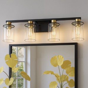 YANSUN 27.2 in. 4 Light Black and Gold Vanity Light with Clear Globe Glass Shades and Square Backplate for Bathroom - 1 of 1