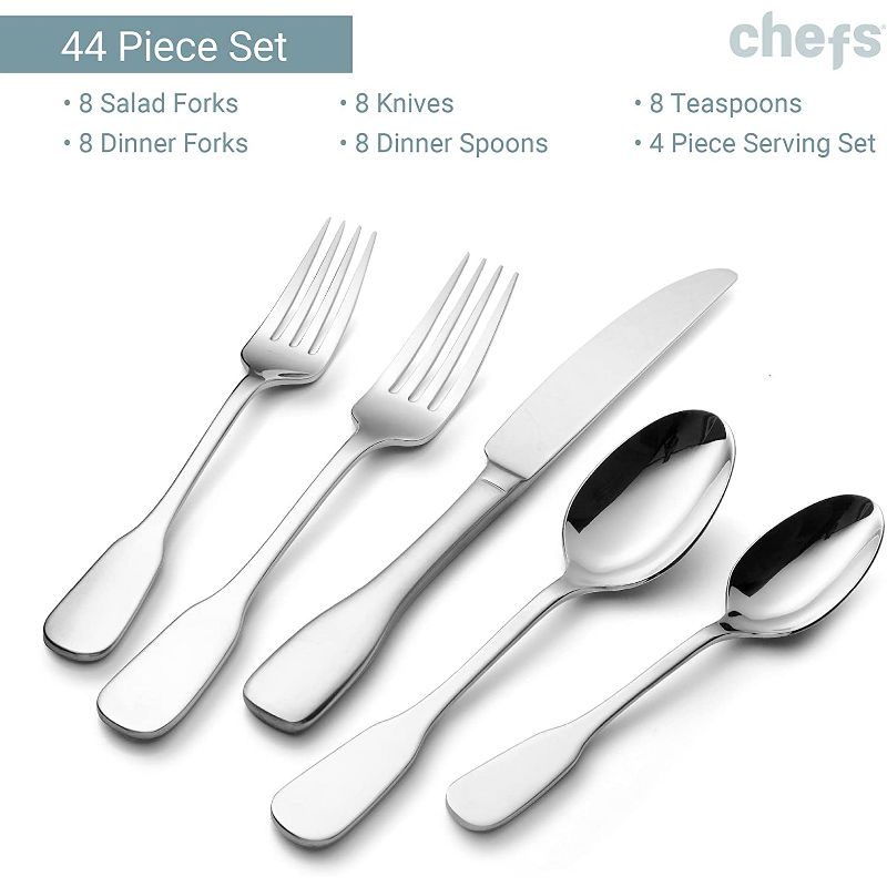 Chefs 18/10 Stainless Steel 44pc Flatware Set, Service for 8, Toulon Satin, 3 of 7