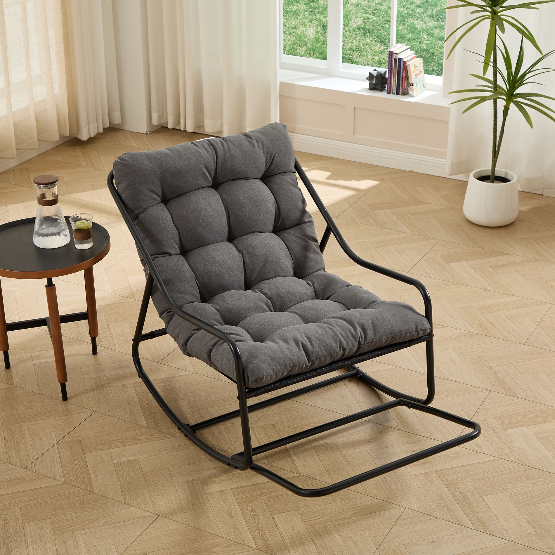 Rbied Metal Rocking Chair with Gray Cushion for Patio, Living Room, Bedroom