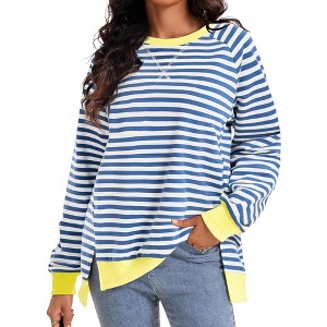 ATHLECHIC Women's Split Hem Striped Color Block Crew Neck Casual Loose Oversized Sweatshirt Shirt Tops - 1 of 4