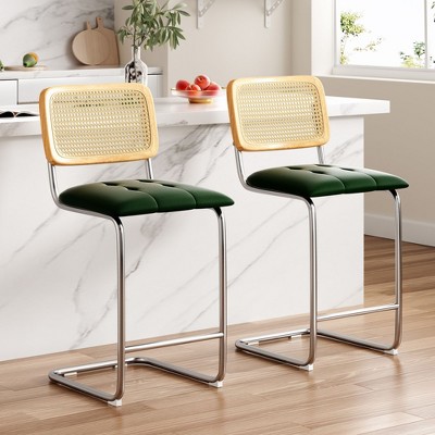 AZL1 Life Concept Dining Sets 2 Set of Cushioned Leather Counter Stools featuring Wicker Backrests for Kitchen Seating, Green, 18.9"*17.7"*39.4"