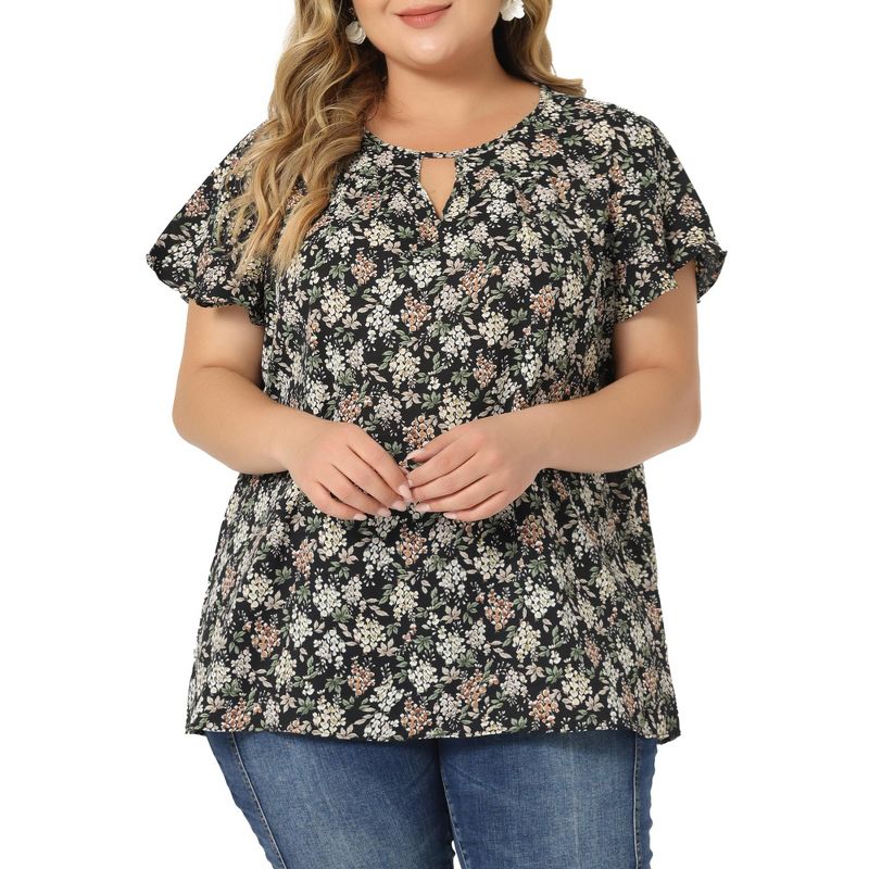 Agnes Orinda Women's Plus Size Keyhole Floral Chiffon Short Flared Sleeve Summer Trendy Peasant Tops, 3 of 8