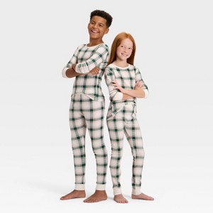 Kids' Plaid Ribbed Long Sleeve Shirt and Pants Holiday Matching Family Pajama Set - Wondershop™ Cream - 1 of 4